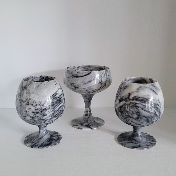 Set of 3 Black Gray Marble Goblets